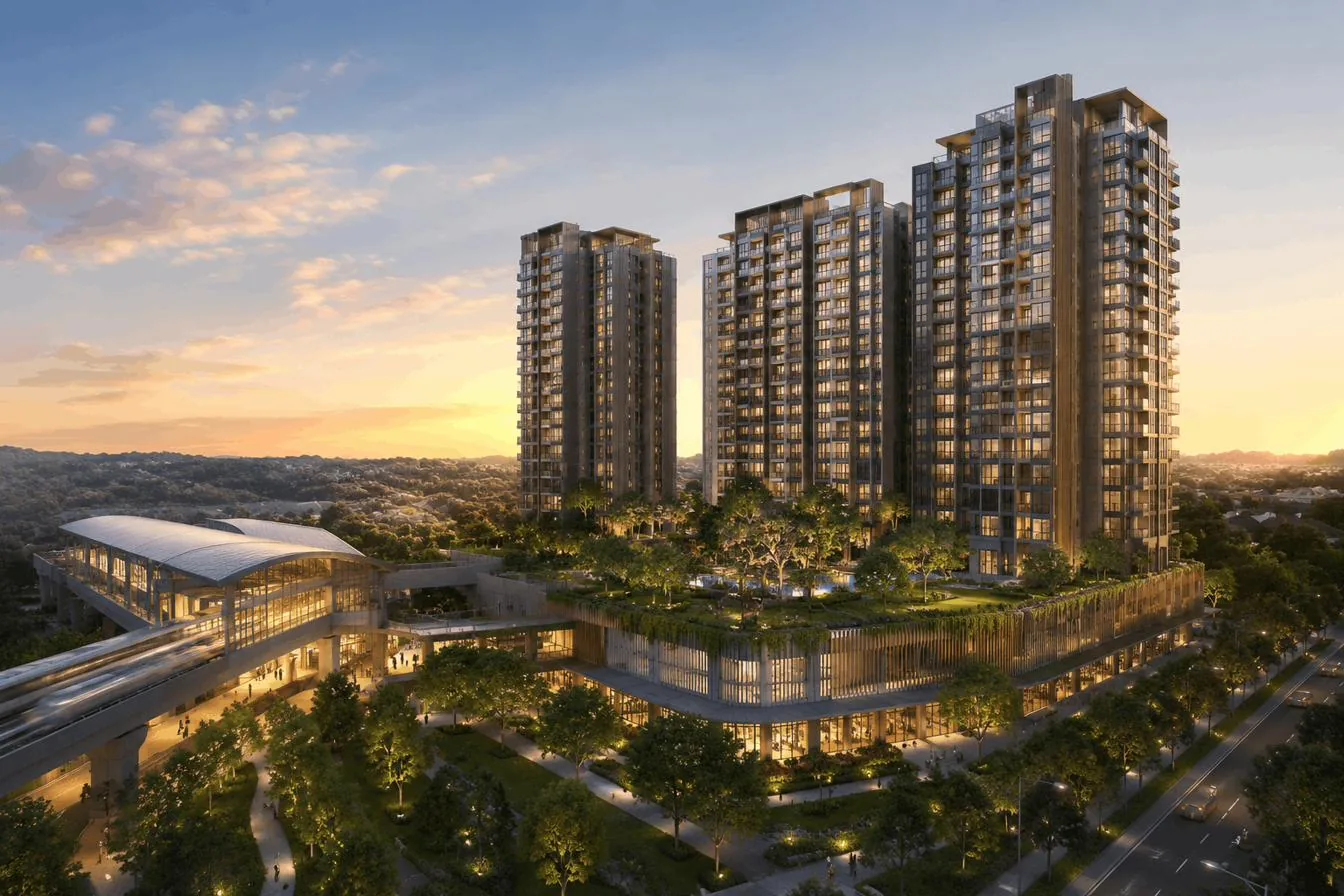 Springleaf Central — aerial render of the new launch condo beside the integrated Springleaf MRT (TE4) station, Upper Thomson Road, District 26 Singapore