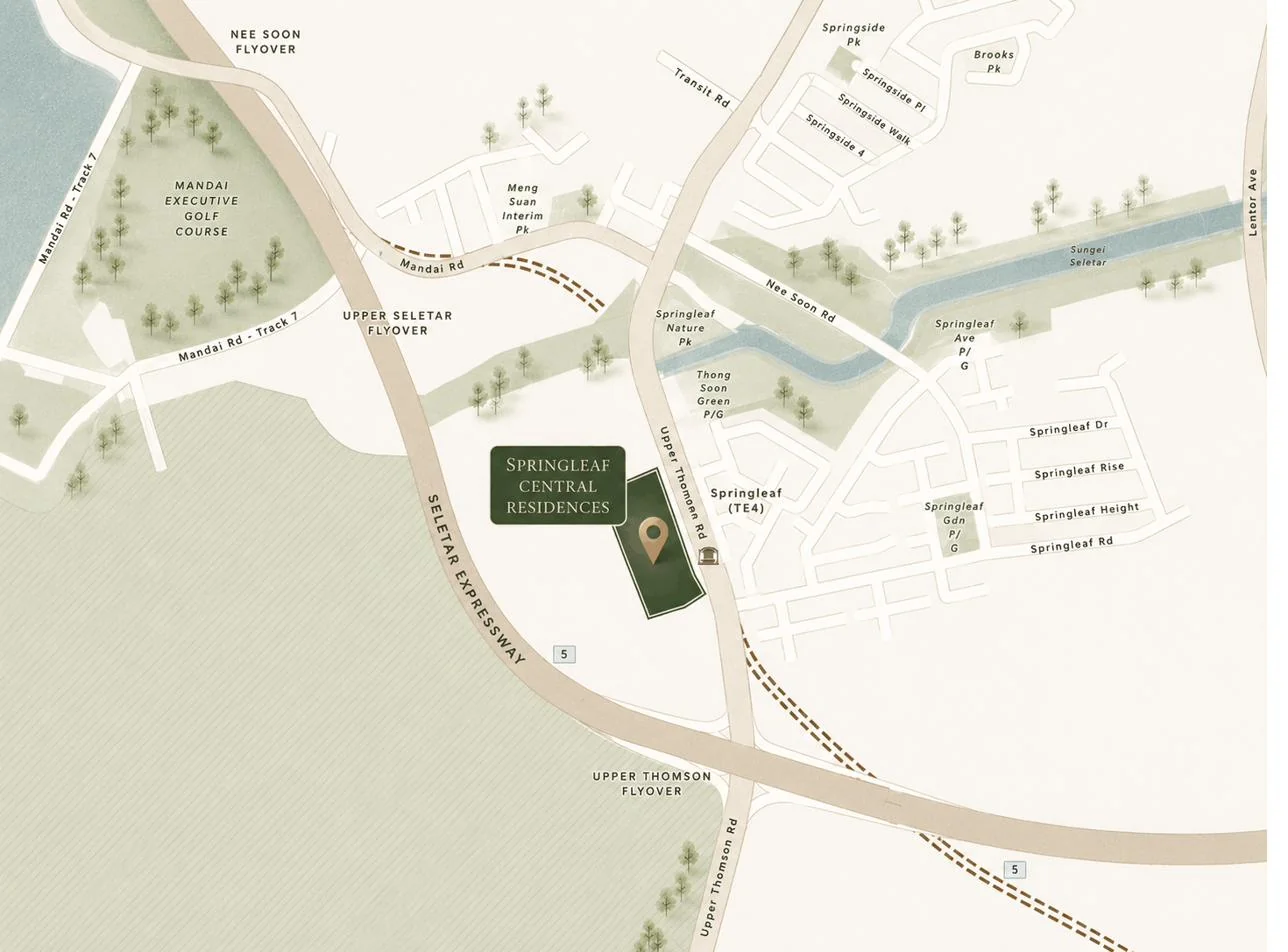 Location map of Springleaf Central on Upper Thomson Road beside Springleaf MRT (TE4), with the Seletar Expressway, Mandai Road, Springleaf Nature Park, Sungei Seletar, Mandai Executive Golf Course, Upper Seletar Reservoir and the surrounding Springleaf landed estates