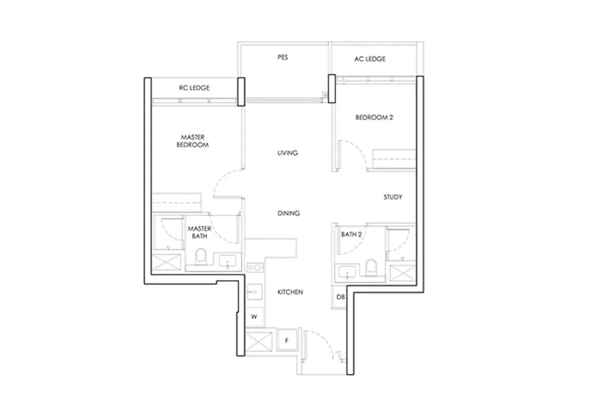 2-bedroom reference layout shown for reference — NOT a Springleaf Central Residences floor plan