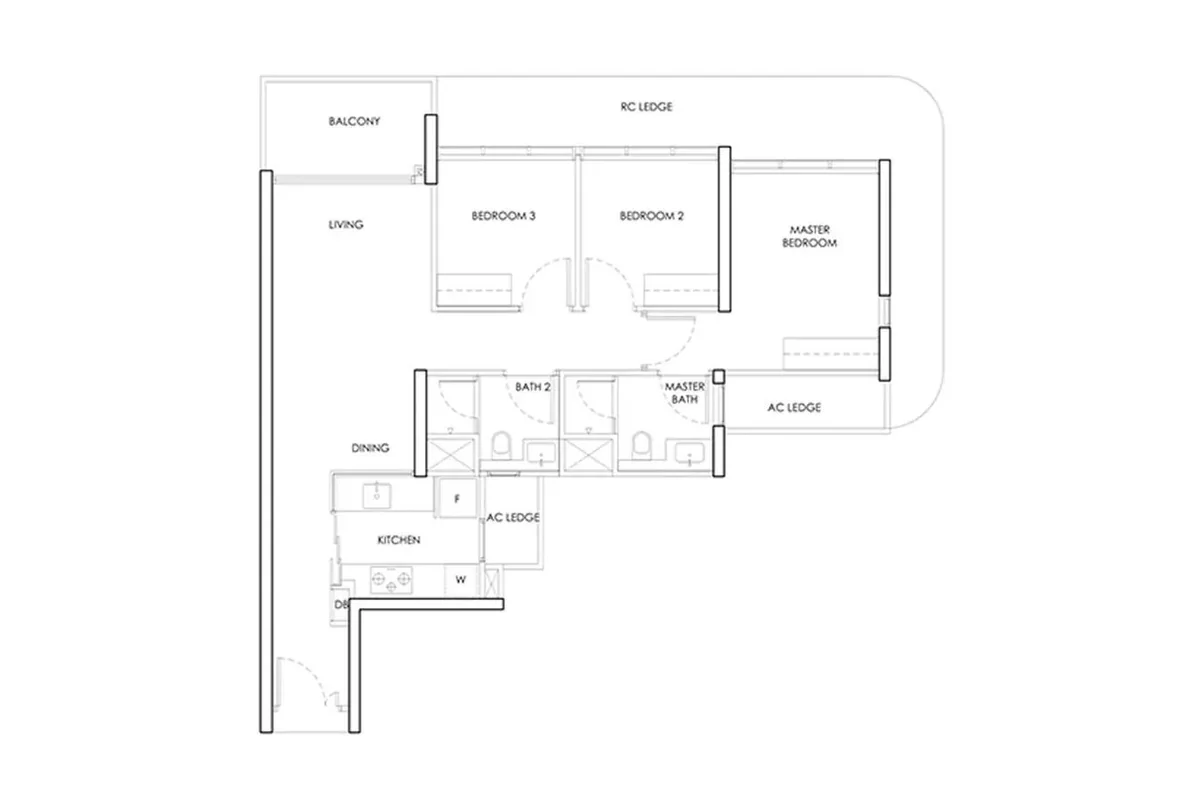 3-bedroom reference layout shown for reference — NOT a Springleaf Central Residences floor plan